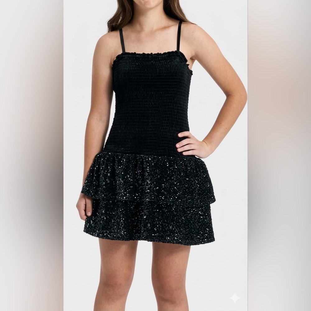 “art class” Black Sequin Tiered Smocked Party Dress . New. size 10/12 girls